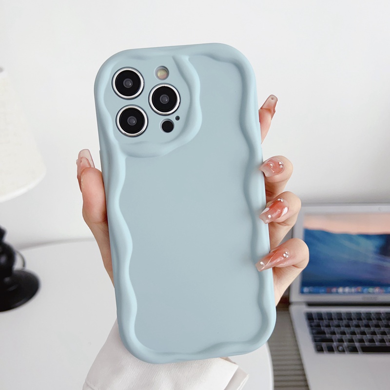 【Macaron Wave】So Pretty Blue Skin Feel SoftCase IPhone 7 8 Plus X Xr XS Max IPhone 11 12 13 14 Pro Max Women's Fashion Camera Protect Phone Case Pink