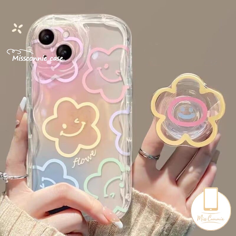 Untuk Realme C55 C25Y C31 C25 C53 5 9i 6i 7i 5i 5s C20 C20A C25s C21Y C12 C1 C33 C15 C35 C21 C17 C30 Colorful Graffiti Smiley Fresh Flowers Holder Bracket 3D Wavy Curved Edge Case