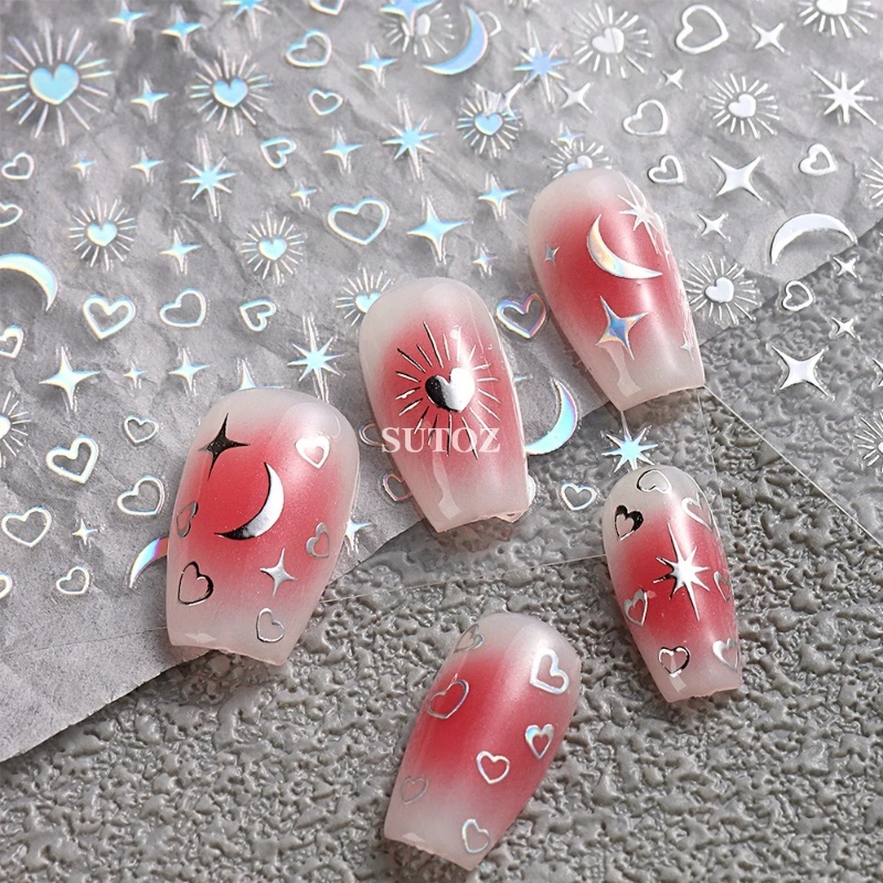 [Fitur] 1pc Self-Adhesive 3D Cinta Kuku Decals/Ins Sepuhan Stiker Kuku Bulan Bintang/Emas Perak Manicure Decor/DIY Nail Art/Aksesoris Kuku/Alat Kuku Perempuan