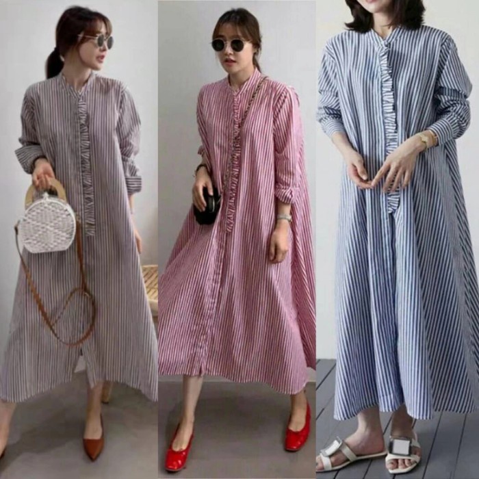 New Trend Promo READY STOK Gamis Muslim Stripe 1165#/Gamis Salur/Maxi Dress Salur - Biru