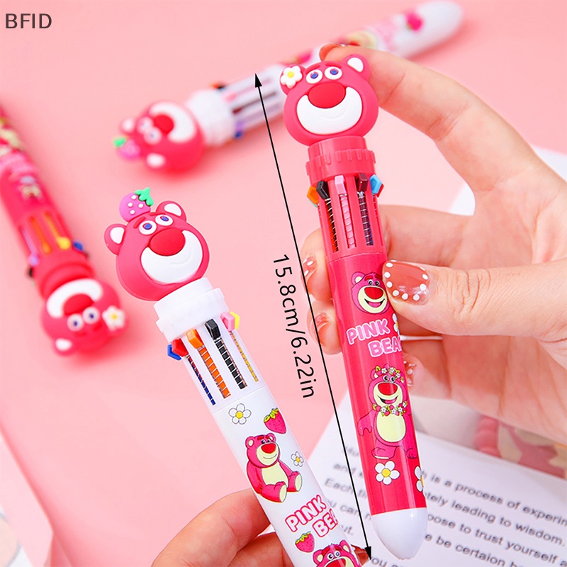 [BFID] Strawberry Bear 10warna Pulpen Bolpoin Multi Warna Kawaii Kartun Press-type Color Pen Alat Tulis Sekolah Pasokan Multi-Fungsi Hadiah Alat Tulis [ID]