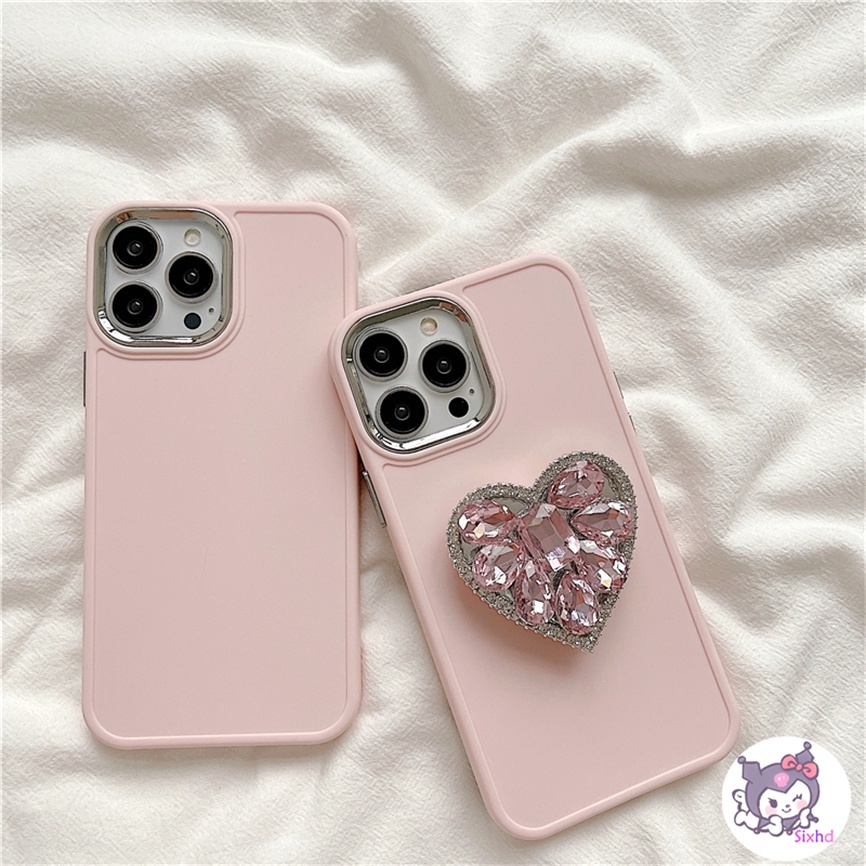 Compatible For iPhone 11 14 13 12 Pro Max 8 7Plus X Xs Xr Xs Max SE2020 Electroplated Lens Frame Protection Ins Pink Love Diamond Fashion Phone Case+Bracket Soft Anti Drop Cover