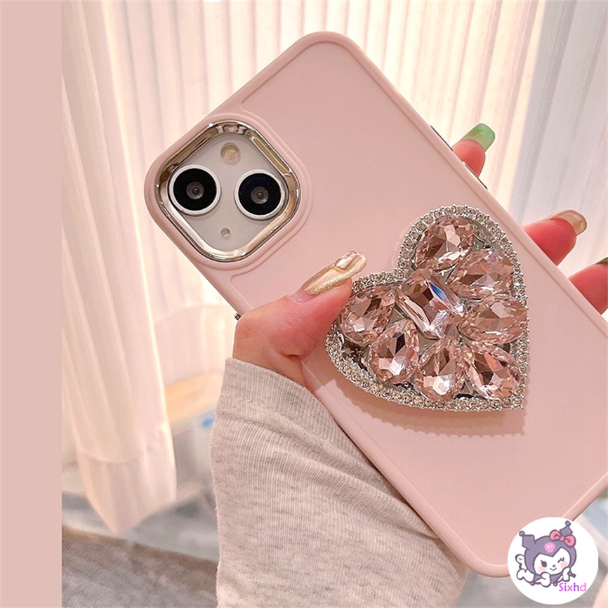 Compatible For iPhone 11 14 13 12 Pro Max 8 7Plus X Xs Xr Xs Max SE2020 Electroplated Lens Frame Protection Ins Pink Love Diamond Fashion Phone Case+Bracket Soft Anti Drop Cover