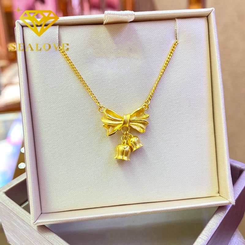 Kalung Titanium Bunga Pita Cantik Aesthetic Korea Emas 18K Anti Karat Aksesoris Wanita Perhiasan Fashion