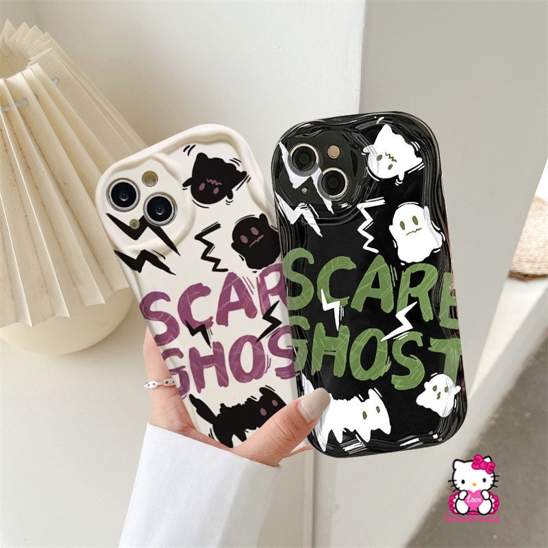 Cartoon Scared Ghost Cat Soft Tpu Case Compatible for IPhone 7Plus XR XS X Max 7 6 8 6s Plus 11 14 12 13 Pro Max SE 2020 Cute Little Monster 3D Wavy Curved Edge Couples Cover