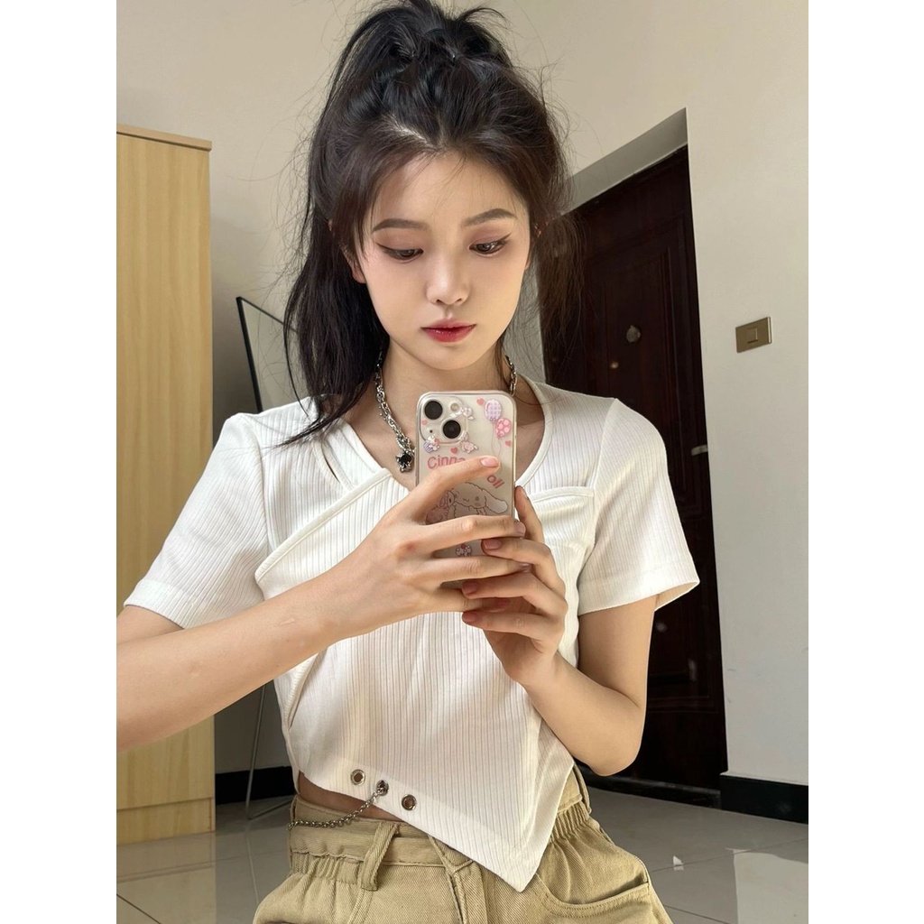 Korean Atasan Wanita Polos Lengan Pendek Rajut Casual Crop Top