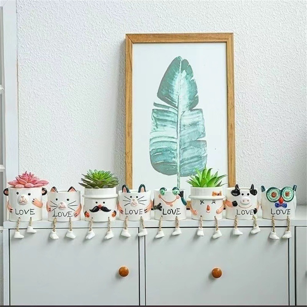 ღ Pot Bunga Lucu Kreatif Keramik Kaki Gantung Pot Bunga Tanaman Berdaging Boneka Dekorasi Desktop Succulent Wadah Aksesoris Dekorasi Rumah