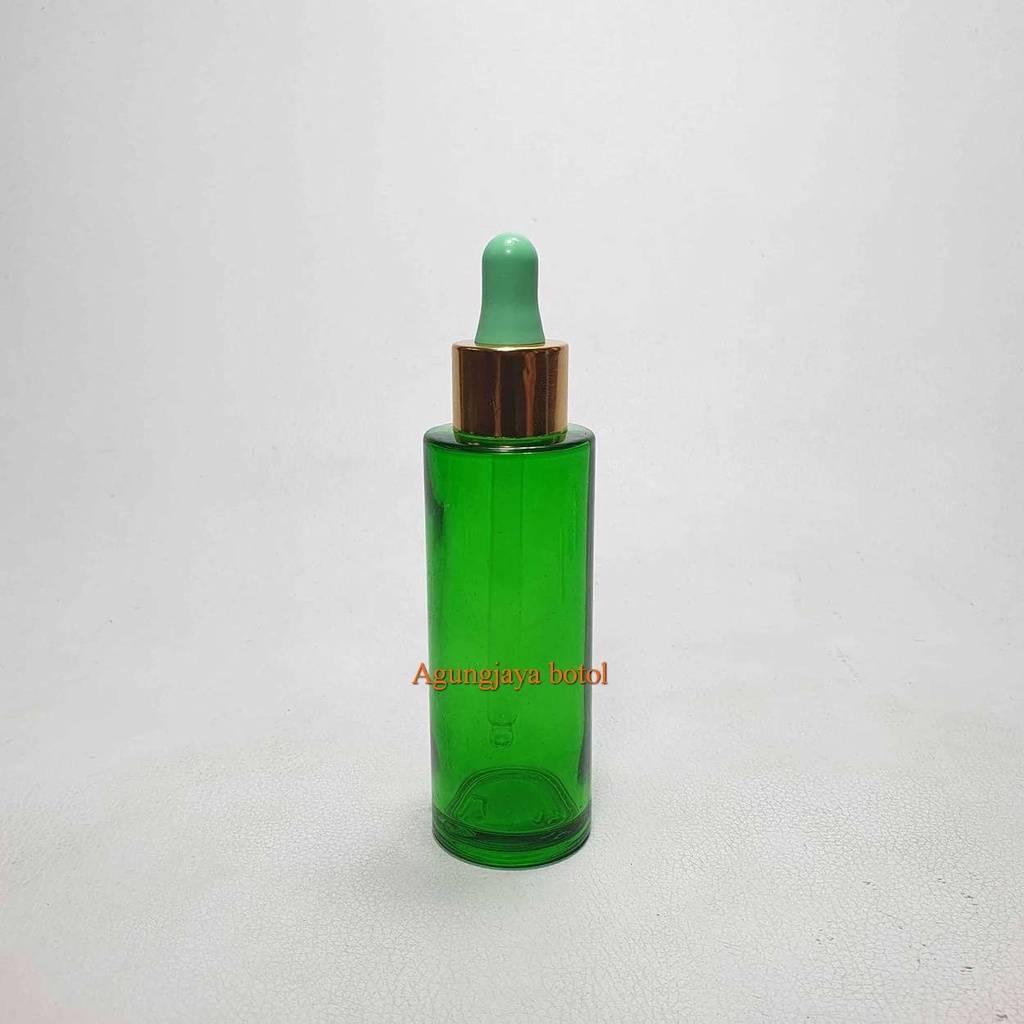 Botol Pipet 60 ml Cilinder Hijau Ori Tutup Pipet Alumunium  / Botol Kaca Kosmetik / Botol Kaca Serum