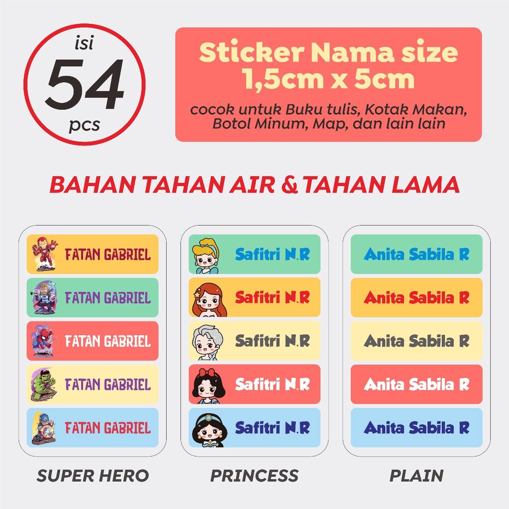 

( PROMO COD ) Stiker Label Nama Custom isi 54 pcs / Label Nama Anak Waterproof Tahan Air Stiker Pensil Warna Label Pensil / Label Botol Minum sticker tempat makan stiker mainan Warna Warni super hero karakter