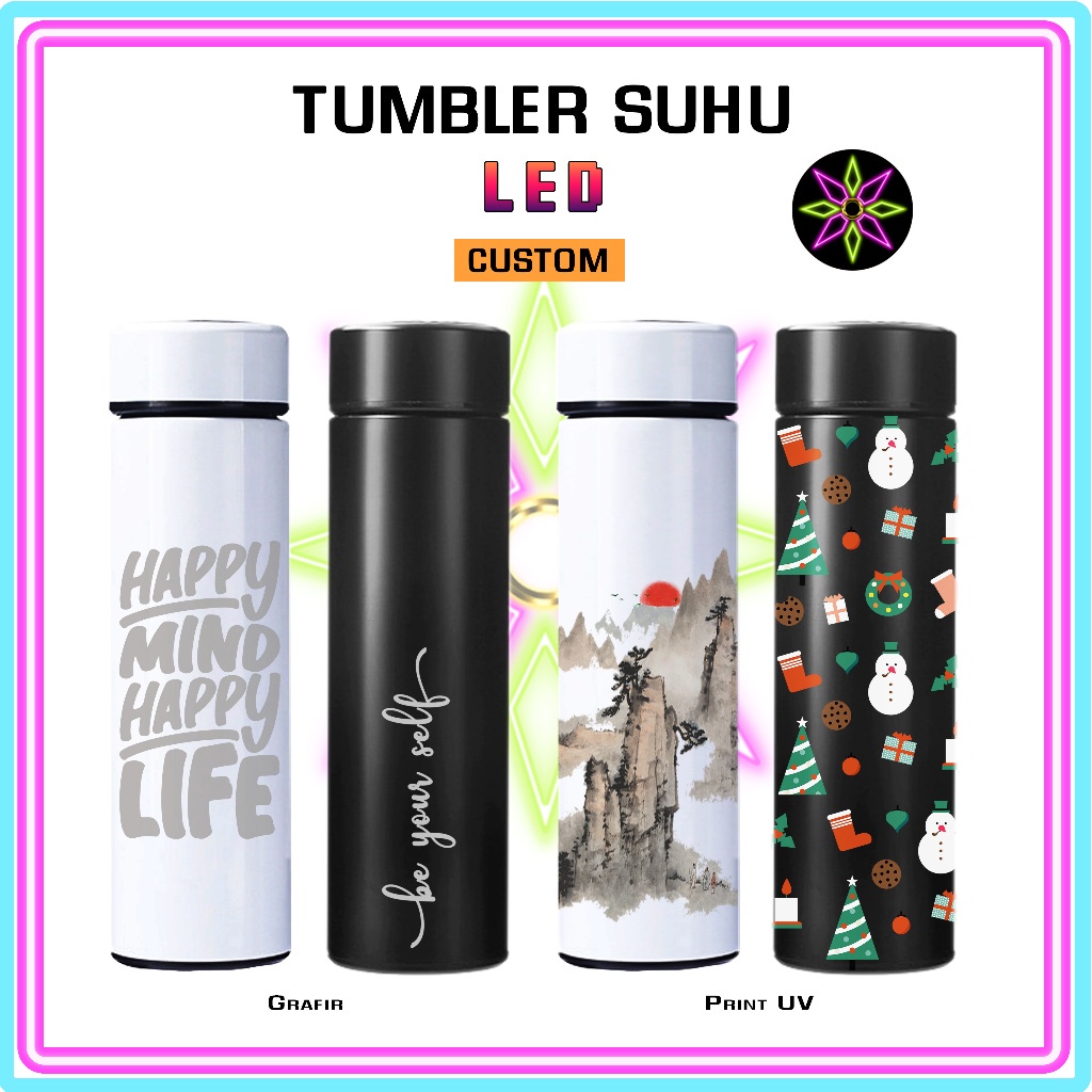 HIKARI PRINT CUSTOM TUMBLER BOTOL TERMOS SMART LED SUHU PANAS SOUVENIR FREE CETAK UV NAMA FOTO WARNA
