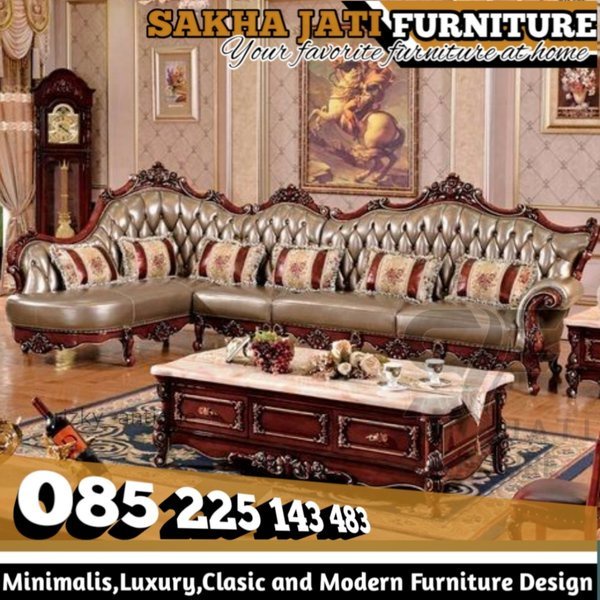 kursi sofa sudut jati ukir luxury mewah busa dan bantalan tebal kursi sofa motif Eropa elegan kayu j