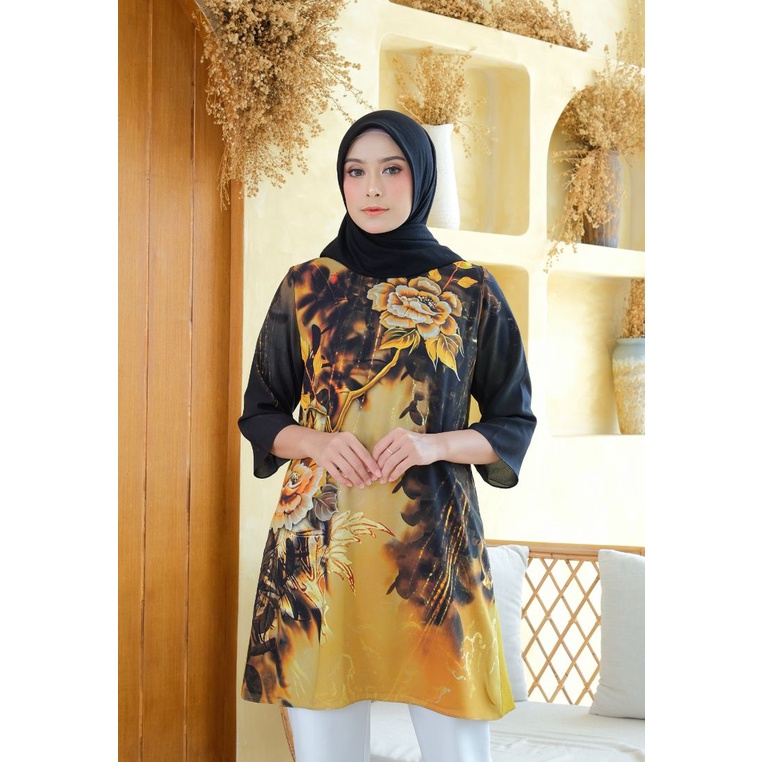 Tunik Wanita Kuning Bahan Sifon Premium Motif Flower By Brilliant Girl