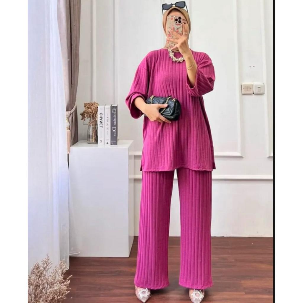 YES Setelan Celana Tunik Wanita Kaos Knit Rajut Import Viral Kekinian Terbaru Terlaris Termurah COD