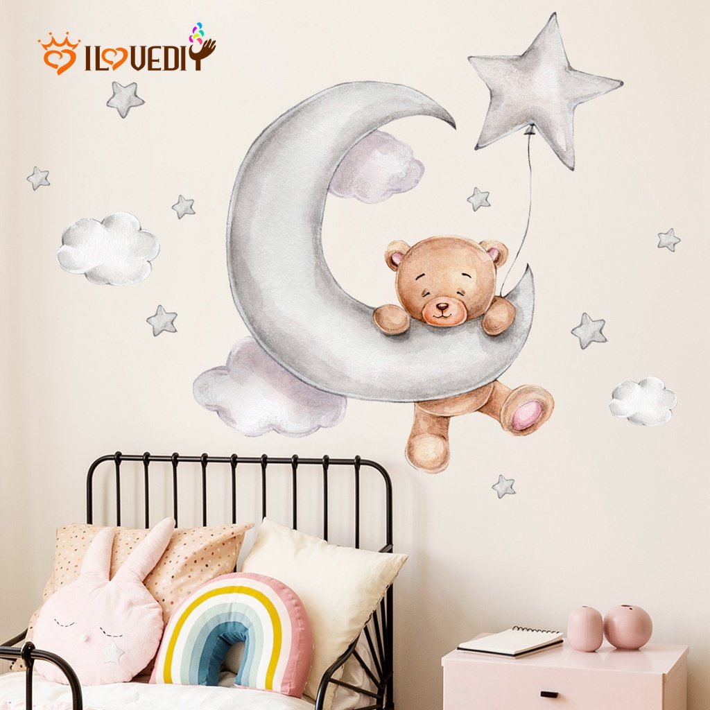 Rumah Kreatif Tahan Air Stiker Dinding Ornamen/Kartun Beruang Bulan Awan Bintang Stiker Dinding Dekorasi/Kartun Beruang Dekorasi Untuk Rumah Kamar Tidur Latar Belakang Kamar Anak