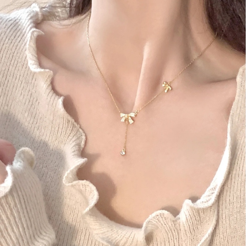 We Flower Vintage Emas Rumbai Rantai Kristal Busur Liontin Kalung Untuk Wanita Gadis Elegan Bersinar Ikatan Simpul Pesona Kalung Perhiasan Aksesoris