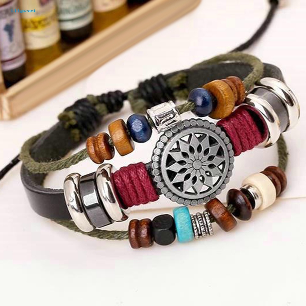 Lilyscent Boho Wanita Multi Layer Manik-Manik Anyaman Tali Kulit Gelang Adjustable Perhiasan