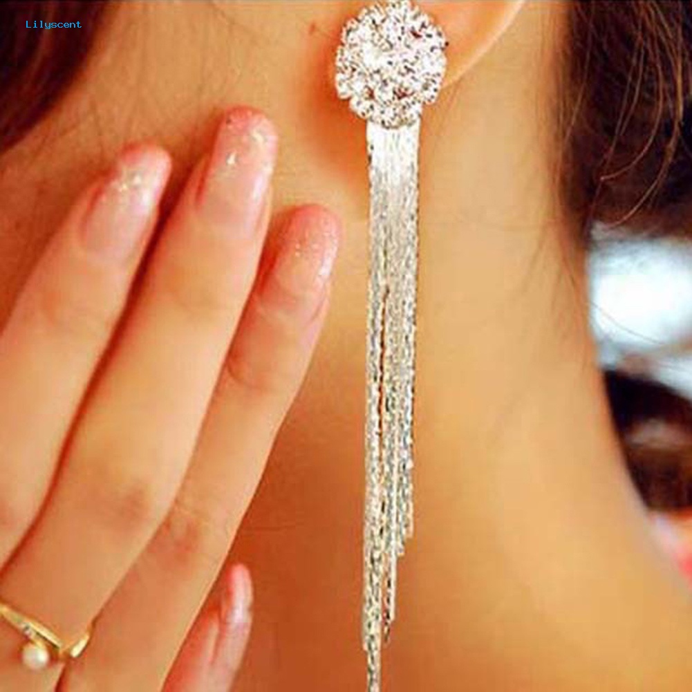 Lilyscent Wanita Berlian Imitasi Mengkilap Panjang Rumbai Menjuntai Stud Earrings Fashion Pengantin Perhiasan