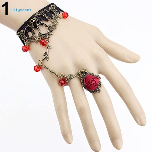 Lilyscent Retro Gothic Wanita Renda Bunga Tangan Budak Harness Gelang Rantai Cincin Perhiasan