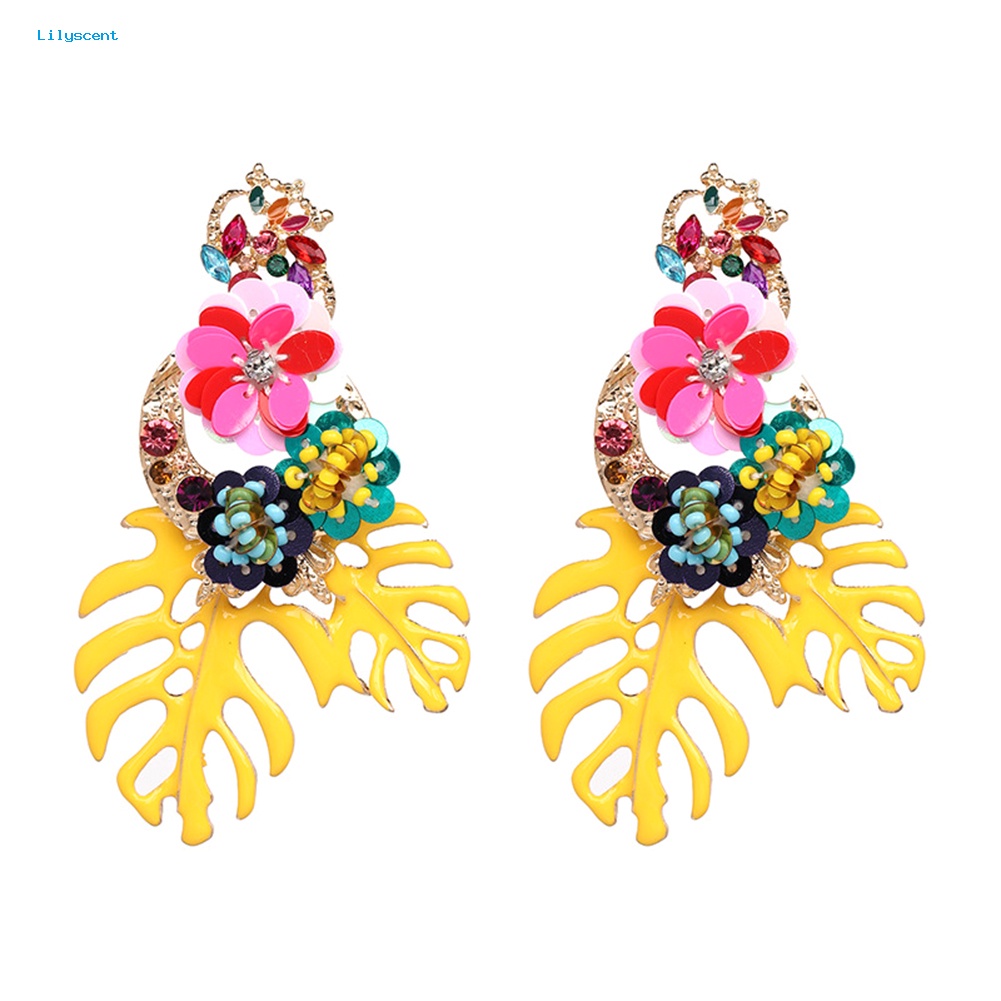 Lilyscent Vintage Wanita Daun Bunga Warna-Warni Sequin Beads Berlian Imitasi Statement Earrings