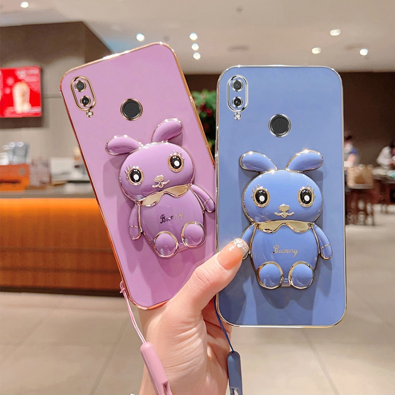 Andyh Casing Ponsel Untuk Huawei Y7 2019 Y7 Prime 2019Cute Kartun Kelinci Kecil Tepi Lurus Soft Shell Mengirim lanyard Silikon