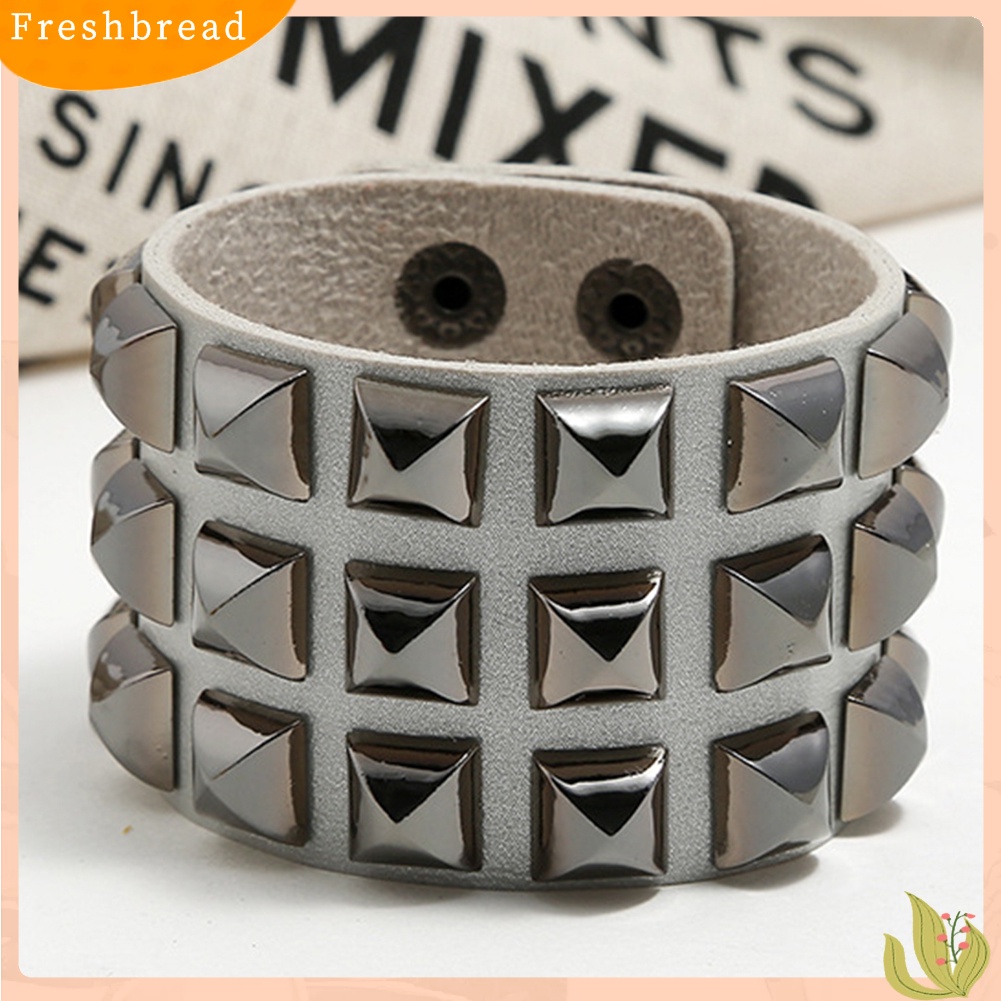 &lt; Freshbread &gt; Punk Pria Wanita Club Square Rivet Studded Wide Cuff Faux Leather Bangle Bracelet