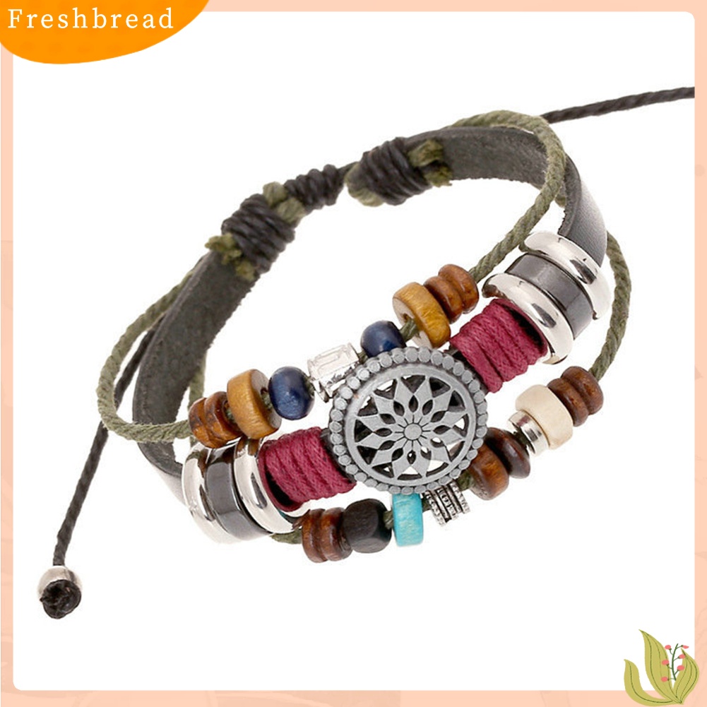 &lt; Freshbread &gt; Boho Wanita Multi Layer Manik-Manik Anyaman Tali Kulit Gelang Adjustable Jewelry