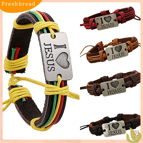 &lt; Freshbread &gt; Unisex I LOVE JESUS Faux Leather Bangle Rantai Tali Rami Gelang Yang Dapat Disesuaikan