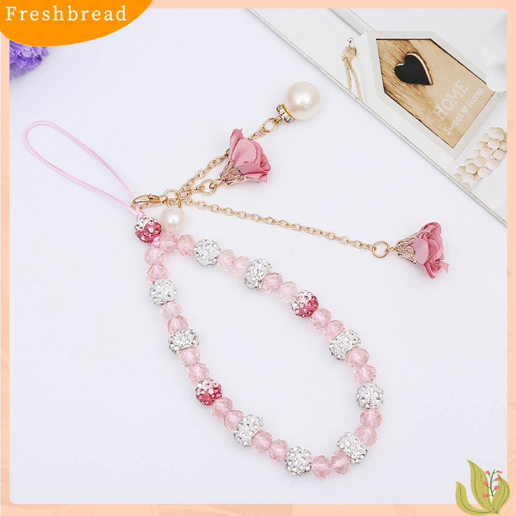 &lt; Freshbread &gt; Wanita Gelang Kristal Imitasi Manik-Manik Bunga Liontin Mutiara Imitasi Pendek Hias Portabel Lady Gelang Ponsel Tali Lanyard Aksesori Busana