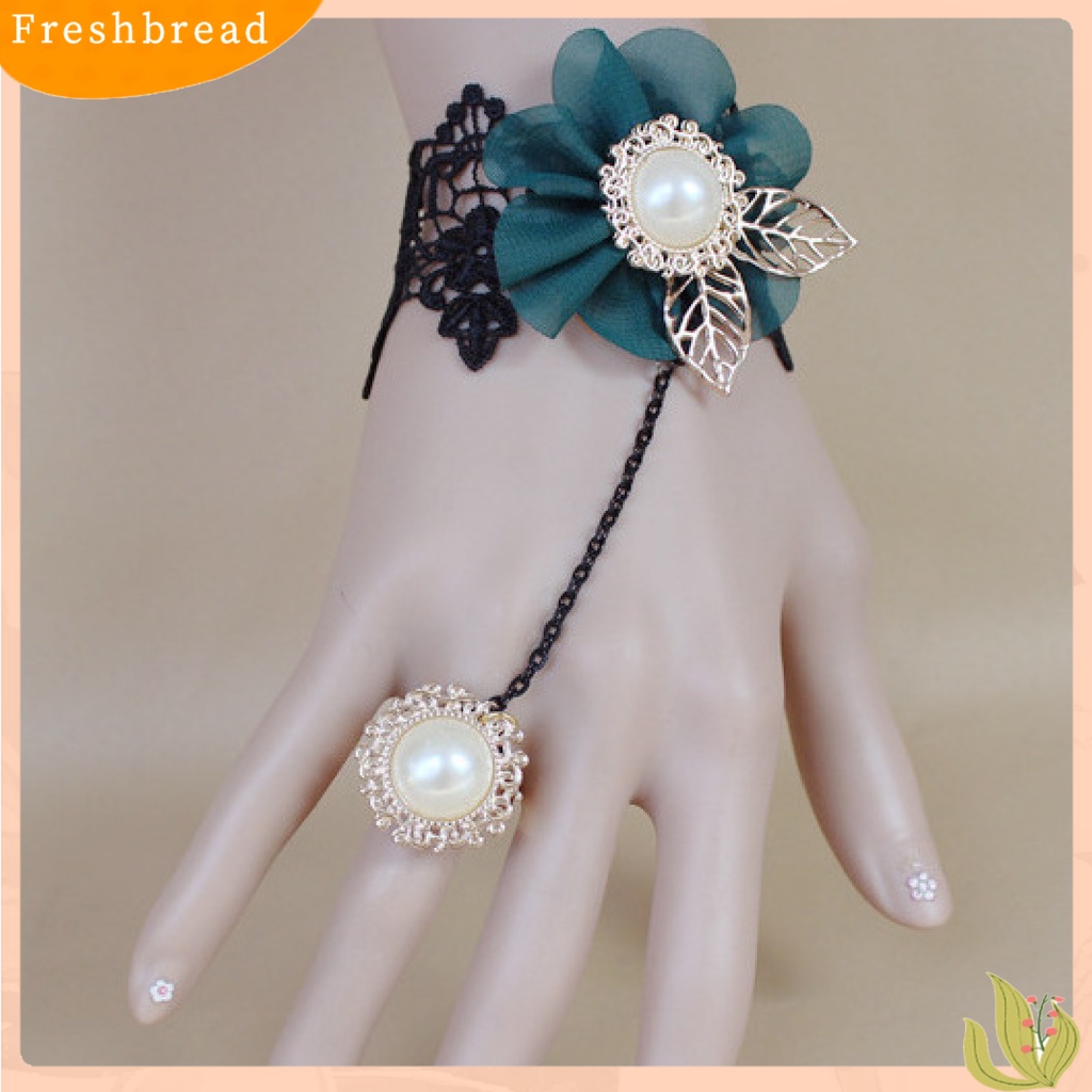 &lt; Freshbread &gt; Rose Decor Black Lace Cincin Gelang Wanita Permata Imitasi Mutiara Imitasi Cincin Tangan Rantai Perhiasan Aksesori