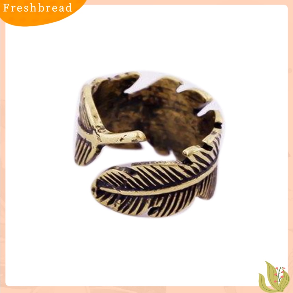 &lt; Freshbread &gt; Cincin Terbuka Motif Daun Etsa Bulu Adjustable Bronze Antik Unisex Opening Ring Jewelry Untuk Pesta