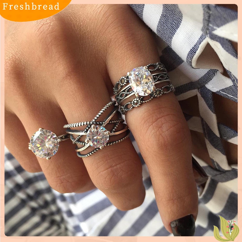 &lt; Freshbread &gt; 3pcs Vintage Berlian Imitasi Bertatahkan Melubangi Jari Cincin Set Perhiasan Wanita Set