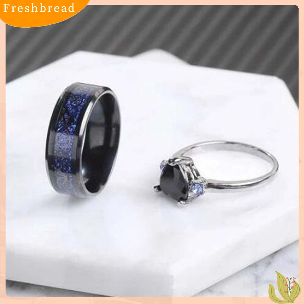 &lt; Freshbread &gt; 2Pcs/Set Cincin Pasangan Permukaan Halus Lebar Paduan Hati Permata Imitasi Garis Biru Jari Rings Pesona Perhiasan