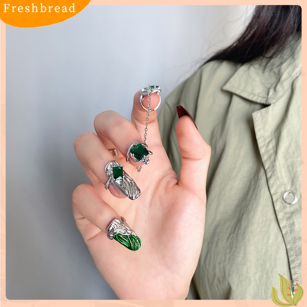 &lt; Freshbread &gt; 4Pcs Cincin Kuku Permata Imitasi Hijau Dress Up Perhiasan Pembukaan Adjustable Finger Rings Untuk Club