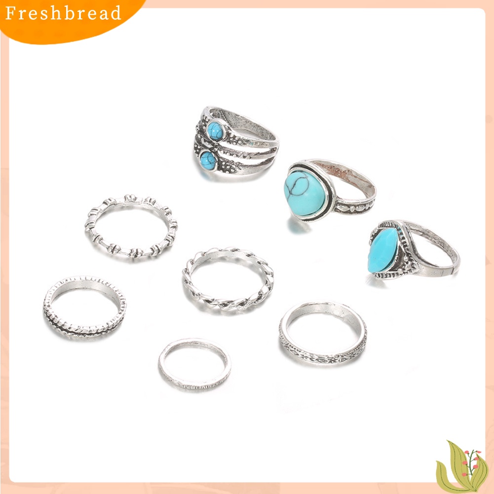 &lt; Freshbread &gt; 8Pcs Wanita Retro Bohemian Imitasi Turquoise Hias Lingkaran Jari Cincin Perhiasan Hadiah