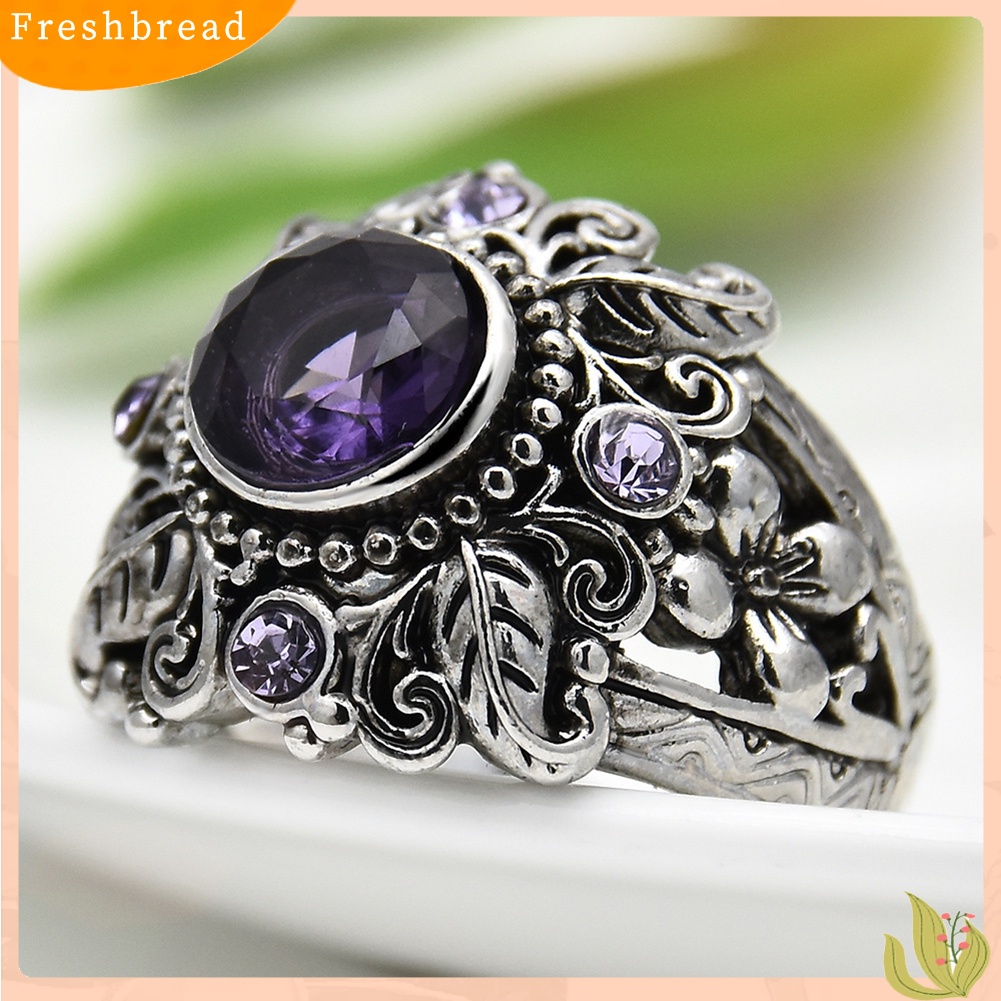 &lt; Freshbread &gt; Vintage Bulat Faux Amethyst Hias Ukir Bunga Wanita Jari Cincin Perhiasan Hadiah