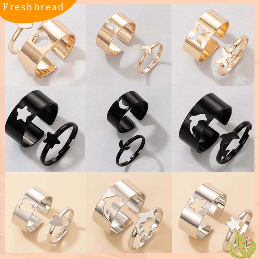 &lt; Freshbread &gt; 2Pcs/Set Cincin Pasangan Adjustable Perhiasan Bentuk Hati/Bulan/Bintang/Lumba- Lumba Kreatif Indah Terbuka Cincin Untuk Hadiah