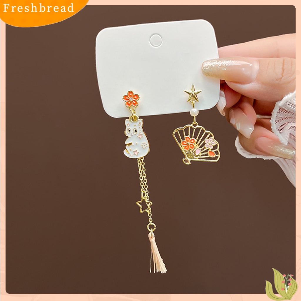 &lt; Freshbread &gt; 1pasang Drop Earrings Kartun Asimetris Electroplating Liontin High Gloss Hiasan Telinga Tahan Luntur Fashion Wanita Anak Bunga Telinga Kucing Studs Untuk Pakaian Sehari-Hari