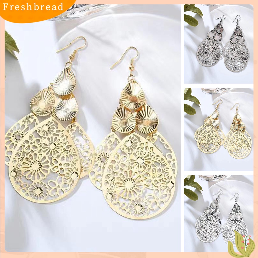 &lt; Freshbread &gt; 1pasang Anting Kait Berlebihan Retro Geometris Elegan Berongga Bunga Tetesan Air Liontin Wanita Menjuntai Anting Perhiasan Fashion