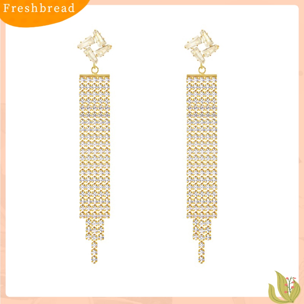 &lt; Freshbread &gt; 1pasang Anting Panjang Geometris Elegan Berlebihan Rantai Panjang Temperamen Bertatahkan Berlian Imitasi Anting Rumbai Panjang Aksesoris Fashion