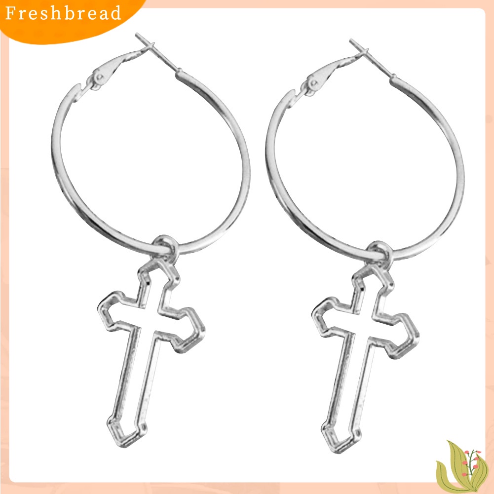 &lt; Freshbread &gt; Punk Wanita Berongga Salib Bulat Menjuntai Drop Hoop Earrings Piercing Perhiasan Hadiah