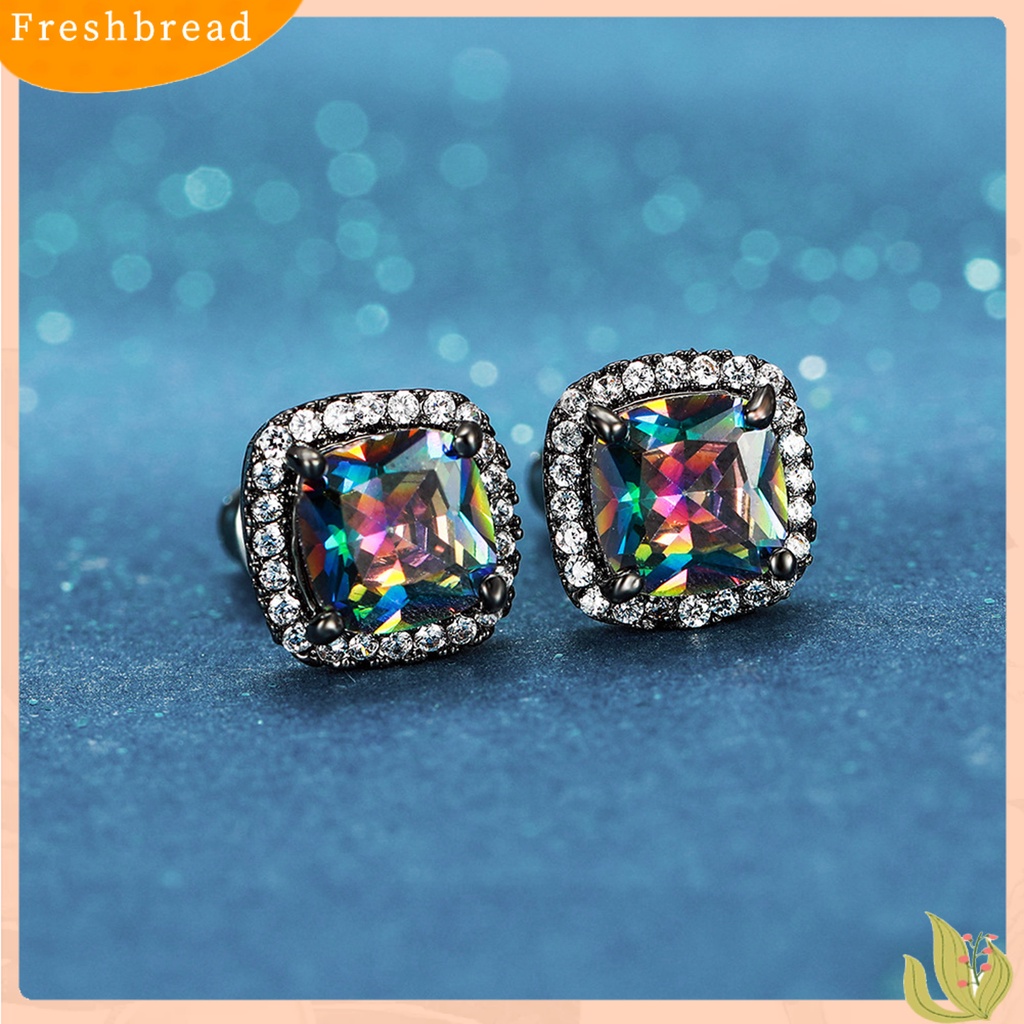 < Freshbread > 1pasang Anting Wanita Pengerjaan Halus Mewah Geometris Mata-catching Tahan Luntur Telinga Liontin Aksesori Wanita Rainbow Square Earrings Untuk Pesta
