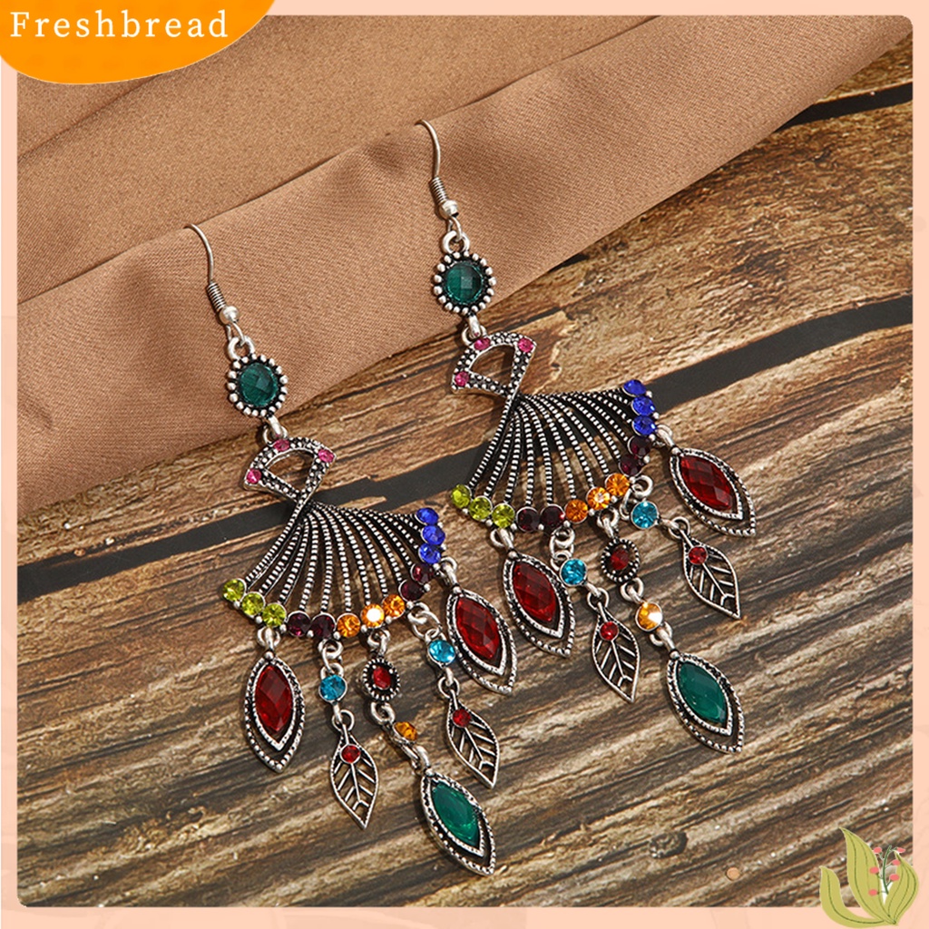 &lt; Freshbread &gt; 1pasang Anting Menjuntai Bohemian Retro Gaya Etnik Rumbai Panjang All-match Dekorasi Kristal Imitasi Wanita Berongga Berbentuk Kipas Drop Earrings Perhiasan Hadiah Untuk Pacaran