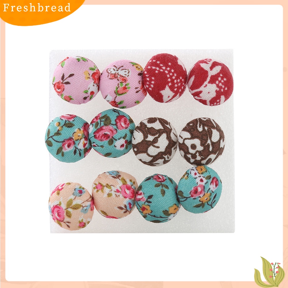 &lt; Freshbread &gt; 6pasang Kancing Kain Warna-Warni Vintage Pin Plastik Ear Studs Earrings Jewelry