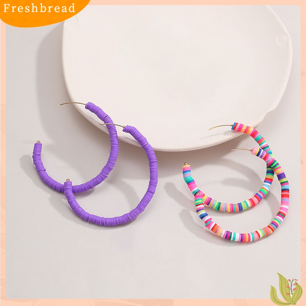 &lt; Freshbread &gt; 1pasang All-match Wanita Warna Pelangi Polymer Clay Bohemian Hoop Stud Earring Untuk Outdoor