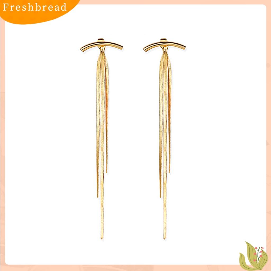 &lt; Freshbread &gt; 1pasang Benang Panjang Rumbai Menjuntai Anting Logam Glossy Arc Bar Stud Earrings Perhiasan Aksesoris