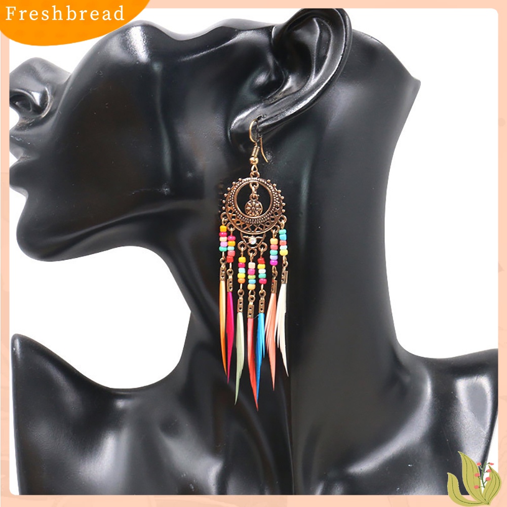 &lt; Freshbread &gt; Boho Wanita Berongga Ukir Lingkaran Bulu Rumbai Menjuntai Kait Anting Perhiasan