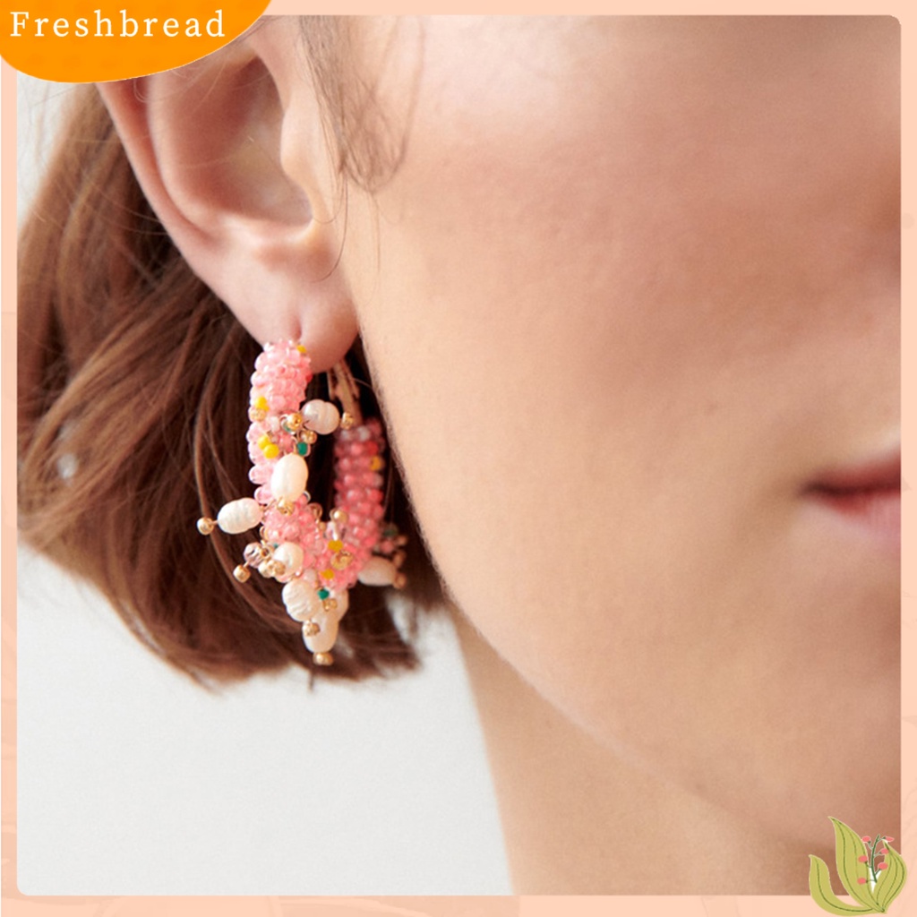 &lt; Freshbread &gt; 1pasang Wanita Hoop Earrings Indah Mewah Berlebihan Gaya Bohemia Kusut Leaverback Earrings Perhiasan Perempuan