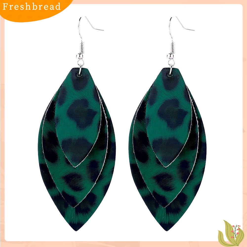 &lt; Freshbread &gt; Wanita Leopard Triple Layer Bentuk Daun Kulit Imitasi Anting Kait Menjuntai Panjang