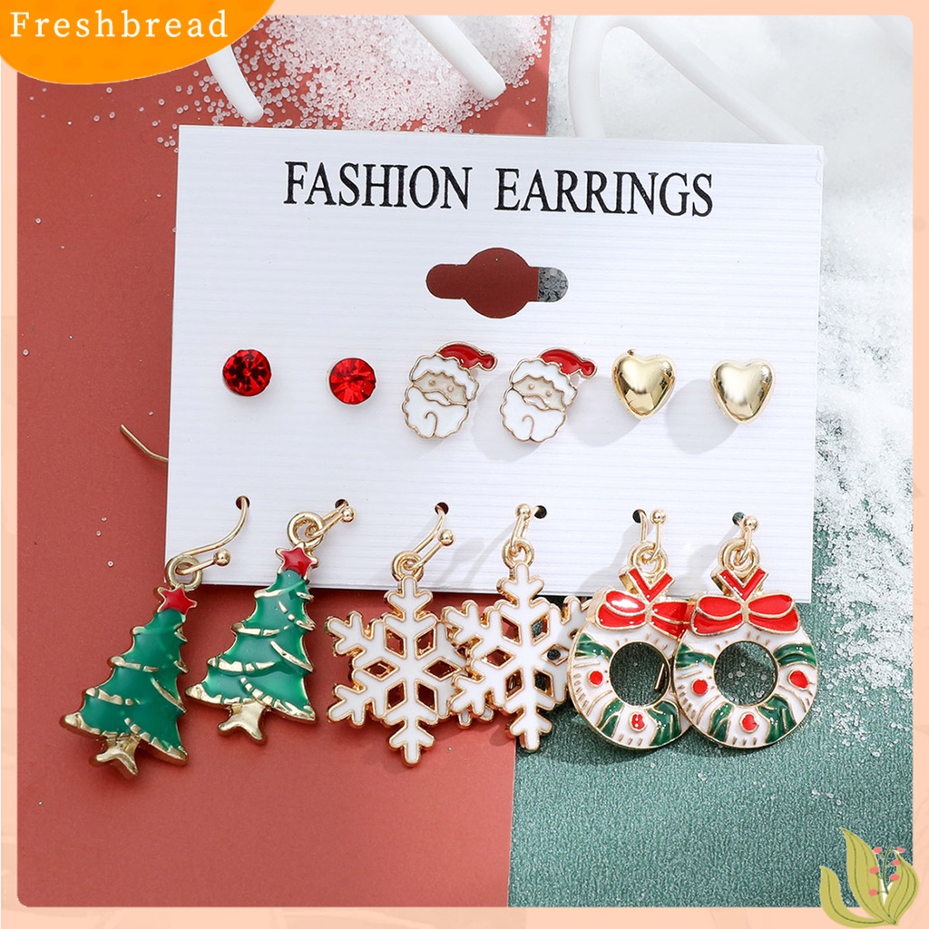 &lt; Freshbread &gt; 6pasang/Set Anting Natal Meriah Enamel Geometris Mengkilap Electroplating Dekorasi Perhiasan Hadiah Pohon Xmas Elk Snowman Santa Claus Ear Studs Menjuntai Anting