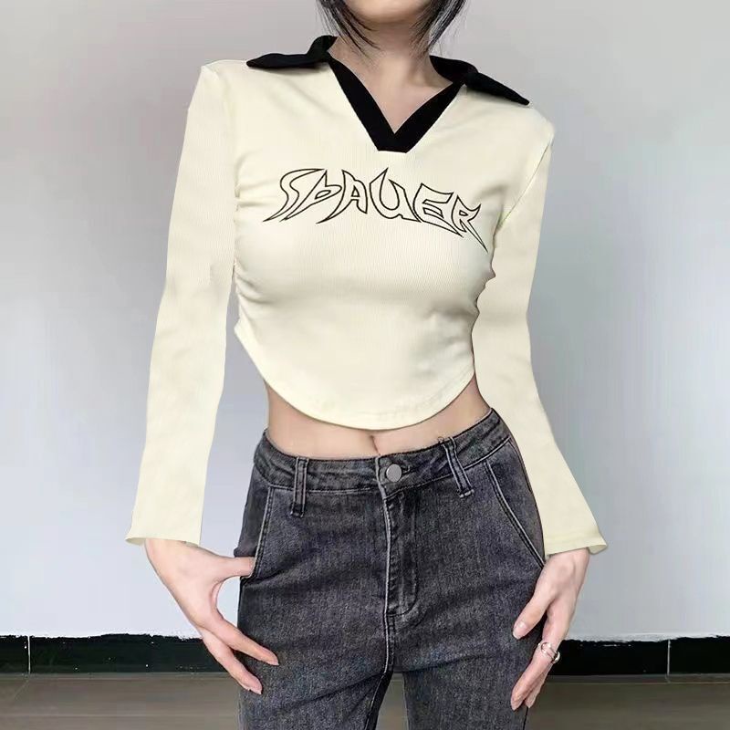 Red American retro lapel design letter printing lengan pendek T-shirt babes regular slim slim navel top summer